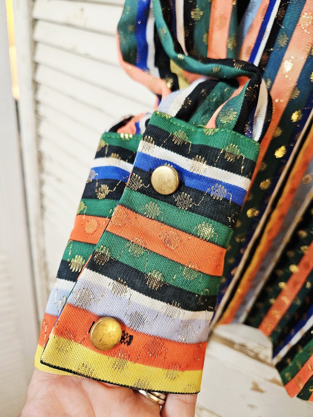 Vintage 70s Dagger Collar Rainbow And Gold Metallic Stripe Blouse Medium - Picture 10 of 16